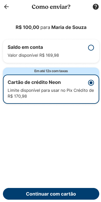 Pix com cartão de Crédito Neon: Como fazer?